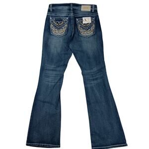 Angel Stretchy Boot Cut Jeans Women 11 31X32  Blue Whiskered Embroidered Jeweled